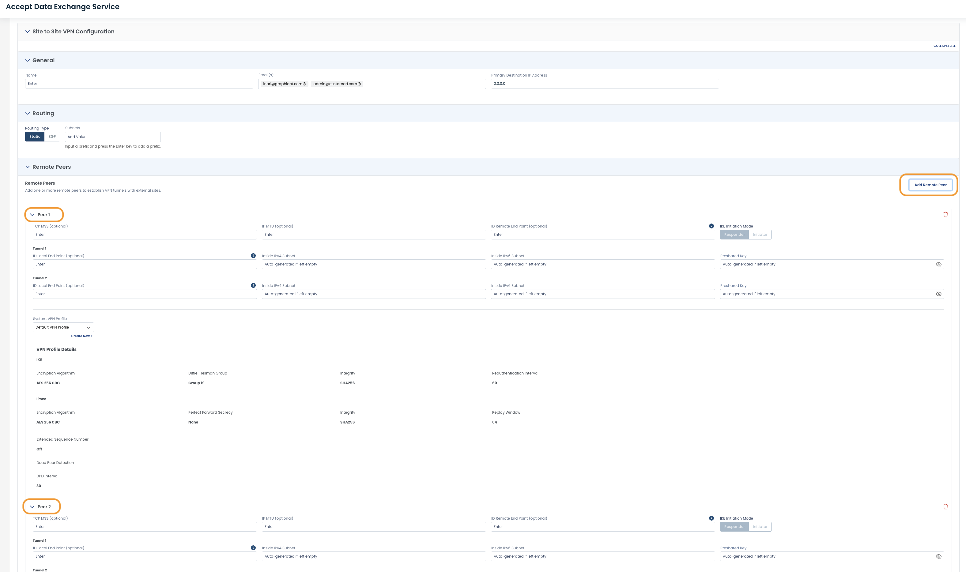 Configuration settings for Site to Site VPN, including remote peers and encryption details.